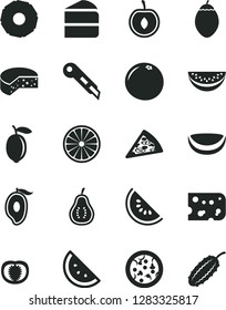 Solid Black Vector Icon Set - stationery knife vector, piece of cheese, pizza, cake, orange slice, water melon, half mango, cherry, lemon, tamarillo, coconut, pineapple, grapefruit, part guava