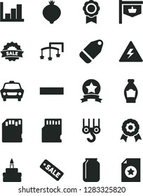 Solid Black Vector Icon Set - danger of electricity vector, minus, negative histogram, toys over the cot, winch hook, car, label, birthday cake, bottle, medlar, jar, vintage sign, season sale, medal
