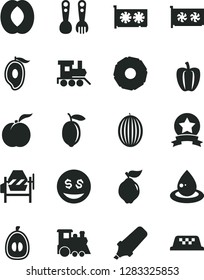 Solid Black Vector Icon Set - plastic fork spoons vector, baby toy train, children's, concrete mixer, ripe peach, quince, melon, half of mango, loquat, lemon, slice pineapple, Bell pepper, drop oil