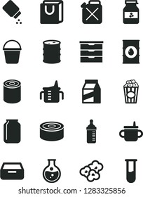 Solid Black Vector Icon Set - storage unit vector, mug for feeding, measuring cup, bottle, baby powder, bucket, drawer, bag with handles, package, canned goods, tin, popcorn, of, jar jam, oil