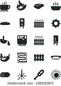 Solid Black Vector Icon Set - electronic thermometer vector e, heating coil, new radiator, boiler, coffee, sausage, loaf, mini hot dog, porridge, chop, chili, a glass of tea, pepper, outdoor, sun