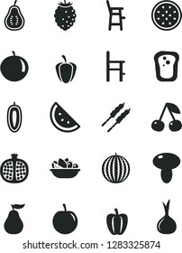 Solid Black Vector Icon Set - a chair for feeding vector, child, mushroom, plate of fruit, barbecue, orange slice, sandwich, cherry, half pomegranate, tasty raspberry, water melon, tangerine, plum