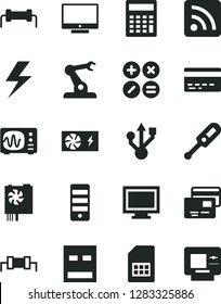 Solid Black Vector Icon Set - lightning vector, monitor window, bank card, calculator, rss feed, electronic thermometer e, screen, cards, math actions, assembly robot, SIM, pc power supply, tower