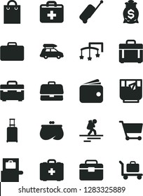 Solid Black Vector Icon Set - first aid kit vector, toys over the cot, medical bag, portfolio, suitcase, case, a glass of tea, cart, briefcase, wallet, purse, money, car baggage, backpacker, rolling