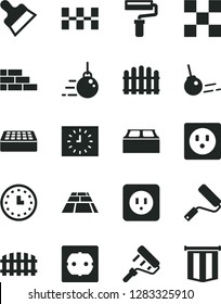 Solid Black Vector Icon Set - paint roller vector, brick wall, big core, new, power socket type b, f, tile, ceramic tiles, building block, putty knife, fence, hedge, paving slab, watch, black clock