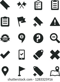 Solid Black Vector Icon Set - warning vector, add bookmark, zoom out, check mark, cross, label, pennant, question, flag, survey, location, sale, clipboard, flags, dollar pin, phone registration, map