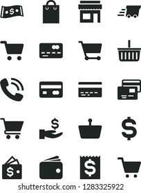 Solid Black Vector Icon Set - grocery basket vector, bank card, cart, cards, shopping, reverse side of a, front the, denomination dollar, financial item, get wage, wallet, phone call, bag, store