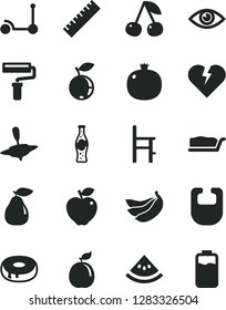 Solid Black Vector Icon Set - paint roller vector, yardstick, bib, a chair for feeding, small yule, Kick scooter, broken heart, eye, cake slice, with hole, bottle of soda, cherry, pomegranate, pear