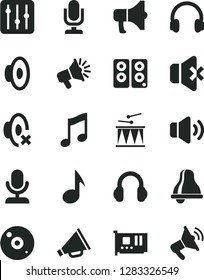 Solid Black Vector Icon Set - bell vector, desktop microphone, horn, loudspeaker, silent mode, drumroll, music, regulator, volume, no sound, megaphone, pc card, cd, headphones, speaker, note