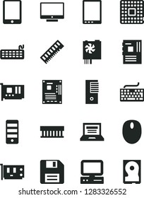 Solid Black Vector Icon Set - floppy disk vector, laptop, keyboard, screen, processor, computer, tablet pc, radiator fan, mouse, power supply, tower, motherboard, memory, card, hdd