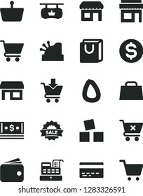 Solid Black Vector Icon Set - bank card vector, cubes for children, cart, put in, crossed, bag with handles, stick of sausage, kiosk, stall, shopping basket, antique advertising signboard, dollar
