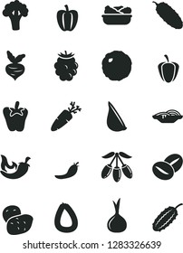 Solid Black Vector Icon Set - stick of sausage vector, slices onion, lettuce in a plate, cabbage, cucumber, chili, peper, garlic, carrot, coffee beans, blackberry, goji berry, Bell pepper, ripe, red