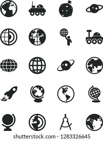 Solid Black Vector Icon Set - sign of the planet vector, globe, earth, scribed compasses, space rocket, core, saturn, lunar rover, man hold world, flag on moon