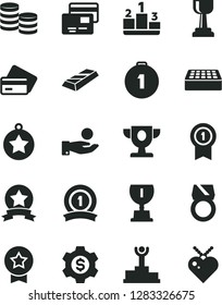 Solid Black Vector Icon Set - brick vector, cards, pedestal, coins, catch a coin, winner podium, prize, award, gold cup, star medal, first place, with pennant, ribbon, ring, bar, dollar gear