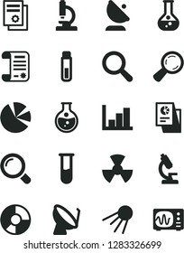 Solid Black Vector Icon Set - magnifier vector, negative histogram, artificial satellite, round flask, radiation, dish, antenna, ring diagram, pie charts, statistical research, article, test tube