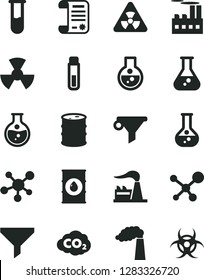 Solid Black Vector Icon Set - round flask vector, manufacture, factory, oil, barrel, industrial building, radiation, carbon dyoxide, filter, water, research article, test tube, molecule, nuclear