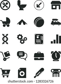 Solid Black Vector Icon Set - baby stroller vector, mercury thermometer, bath ball, toilet, left bottom arrow, alarm clock, crossed cart, shipment, kiosk, briefcase, gears, bar chart, motherboard