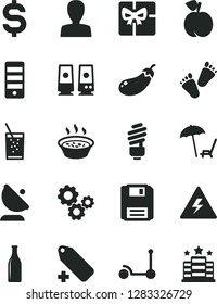 Solid Black Vector Icon Set - danger of electricity vector, woman, add label, children's tracks, Kick scooter, saving light bulb, porridge in a saucepan, glass soda, peach, eggplant, bottle, gears