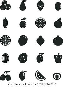 Solid Black Vector Icon Set - peper vector, strawberry, strawberries, orange slice, pomegranate, apricot, medlar, blueberry, blueberries, tasty cornels, melon, mango, date fruit, ripe plum, passion