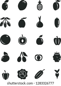 Solid Black Vector Icon Set - a pineapple vector, orange, squash, cornels, blackberry, loquat, goji berry, date fruit, ripe plum, half cherry, yellow lemon, sour lime, guava, coconut, tomato, onion