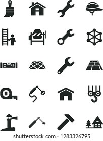 Solid Black Vector Icon Set - house vector, winch hook, concrete mixer, measuring tape, wooden paint brush, building level, helmet, paving slab, pavement, hammer, home, welding, gas, repair key