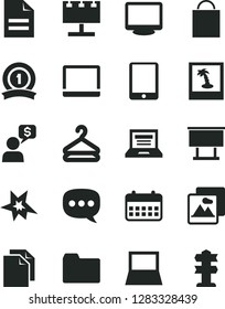 Solid Black Vector Icon Set - laptop vector, paper bag, clean, scribbled, folder, picture, hanger, billboard with illumination, calendar, speech, tablet pc, notebook, monitor, bang, medal ribbon