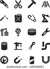 Solid Black Vector Icon Set - scissors vector, open pin, crane, tower, hook, adjustable wrench, ladder, gear, stationery knife, hammer, canned goods, tin, soda can, water pipes, canister, magnet