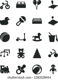 Solid Black Vector Icon Set - toys over the cot vector, dummy, beanbag, baby duckling, bath ball, stacking toy, children's sand set, teddy bear, train, yule, small, rocking horse, child bicycle