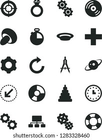 Solid Black Vector Icon Set - plus vector, clockwise, stacking toy, cogwheel, left bottom arrow, timer, CD, porcini, plate, gears, Measuring compasses, scheme, ring diagram, wall watch, saturn, aim