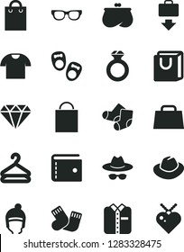 Solid Black Vector Icon Set - paper bag vector, purse, hat, with glasses, warm socks, Knitted, shoes for little children, winter, handles, T shirt, folded, hanger, hand, diamond, ring, heart pendant