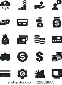 Solid Black Vector Icon Set - bank card vector, dollar, cards, coins, reverse side of a, front the, catch coin, purse, money, dollars, cashbox, bag hand, rain, pedestal, gear, dialog, atm