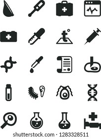 Solid Black Vector Icon Set - electronic thermometer vector e, bag of a paramedic, medical, temperature, cardiogram, garlic, round flask, research article, test tube, dna, bactery, pipette, syringe