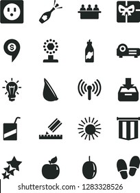 Solid Black Vector Icon Set - vector e, drawing, put in a box, garlic, liquor, apricot, passion fruit, socket, court hearing, bulb, giftbox, wireless, projector, cup, pennant flag, three stars, sun