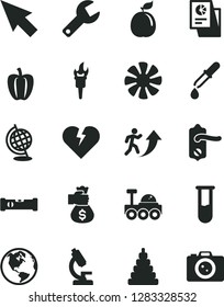 Solid Black Vector Icon Set - repair key vector, stacking toy, door knob, construction level, broken heart, guava, Bell pepper, statistical research, fan, cursor, test tube, microscope, pipette