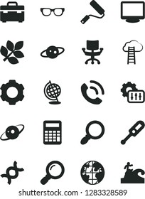 Solid Black Vector Icon Set - electronic thermometer vector e, new roller, suitcase, phone call, planet, monitor, magnifier, chair, settings, glasses, dna, globe, calculator, saturn, biology