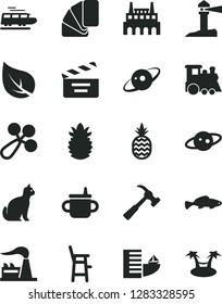 Solid Black Vector Icon Set - movie cracker vector, mug for feeding, baby rattle, a chair child, children's train, sample of colour, hammer with claw, small fish, pineapple, ripe, leaf, factory