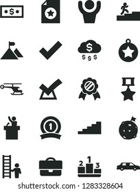 Solid Black Vector Icon Set - check mark vector, pedestal, portfolio, carrer stairway, star medal, mountain flag, on moon, ribbon, hero, certificate, man with ladder, confirm, hands up, money rain