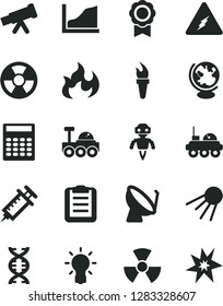 Solid Black Vector Icon Set - artificial satellite vector, radiation hazard, dish, telescope, electricity, nuclear, dna, bulb, globe, flame, clipboard, calculator, growth graph, medal, robot, torch