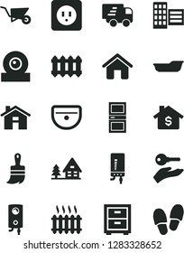 Solid Black Vector Icon Set - house vector, bedside table, bath, building trolley, wooden paint brush, sink, power socket type b, interroom door, city block, new radiator, boiler, electronic, forest