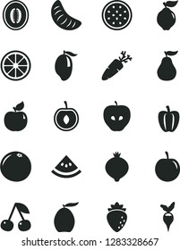Solid Black Vector Icon Set - carrot vector, cherry, quince, apricot, tasty apple, raspberry, medlar, mango, loquat, half melon, slice of tangerine, plum, juicy lemon, passion fruit, grapefruit