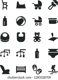 Solid Black Vector Icon Set - baby cot vector, toys over the cradle, feeding bottle, measuring for, diaper, bib, beanbag, car child seat, stroller, carriage, bath ball, children's potty, chair, a