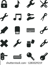 Solid Black Vector Icon Set - repair key vector, cross, small tools, adjustable wrench, door knob, lock, steel, text highlighter, keyboard, usb flash, note, arm with