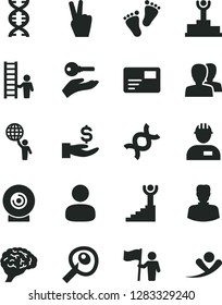 Solid Black Vector Icon Set - women vector, footprints, workman, pass card, lens, woman, man, get a wage, dna, brain, artifical insimination, winner podium, stairway, hold world, flag, with ladder