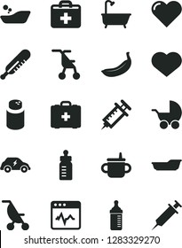 Solid Black Vector Icon Set - heart symbol vector, first aid kit, mug for feeding, bottle, measuring, powder, baby stroller, summer, sitting, mercury thermometer, children's bathroom, bath, banana