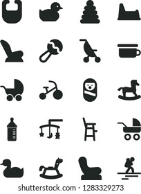 Solid Black Vector Icon Set - toys over the cradle vector, measuring bottle for feeding, bib, beanbag, Baby chair, car child seat, stroller, carriage, summer, rubber duck, duckling, stacking rings