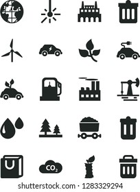 Solid Black Vector Icon Set - dust bin vector, bag with handles, apple stub, working oil derrick, leaves, gas station, windmill, forest, industrial building, factory, drop, electric car, CO2, planet