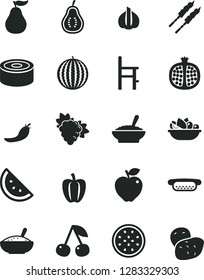 Solid Black Vector Icon Set - a chair for feeding vector, canned goods, mini hot dog, bowl of buckwheat porridge, rice, plate fruit, barbecue, orange slice, cherry, half pomegranate, branch grape