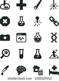 Solid Black Vector Icon Set - mark of injury vector, spectacles, plus, bag a paramedic, arm saw, estimate, temperature, cardiogram, round flask, mercury thermometer, outdoor, test tube, dna, brain