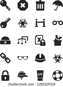 Solid Black Vector Icon Set - mark of injury vector, spectacles, toys over the cot, warm hat, construction helmet, dust bin, lock, key, umbrella, encrypting, glasses, biohazard, rope barrier