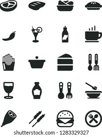 Solid Black Vector Icon Set - plates and spoons vector, plastic fork, iron, coffee, big burger, piece of cake, pie, lettuce in a plate, grill chicken leg, bacon, chop, barbecue, fried potato slices